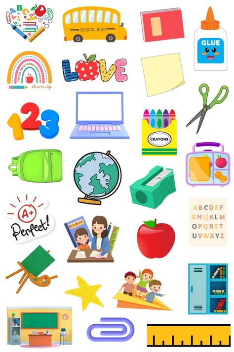 School Time.  26 individual stickers on the 4x6 matte sticker sheet.  School and Teacher stickers with school bus, ruler, apple and other goodies.  Would make a great Teachers gift.  Thanks for stopping by, have a great day. Cute Supplies For School, School Stickers Free Printable, Teacher Stickers Free Printable, Teachers Day Sticker, Classroom Stickers, School Stickers Labels, Stickers For School, School Journal, Stickers School