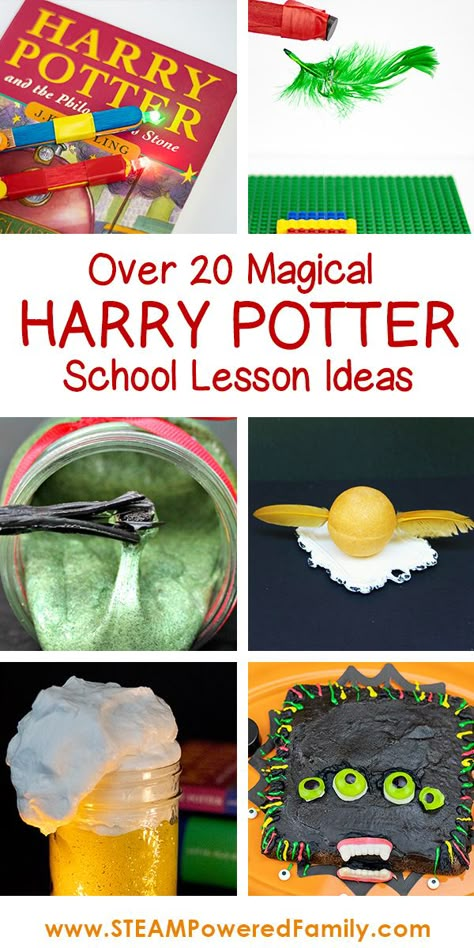 Over 20 magical activities for a Harry Potter School inspired lesson. Fill your classroom with magic and watch your child's eyes LUMOS! Harry Potter Class Party, Harry Potter Week, Harry Potter Club Ideas, Harry Potter Camp Ideas, Harry Potter Projects For School, Harry Potter Summer Camp Ideas, Harry Potter Steam Activities, Harry Potter Classroom Activities, Harry Potter Lesson Ideas