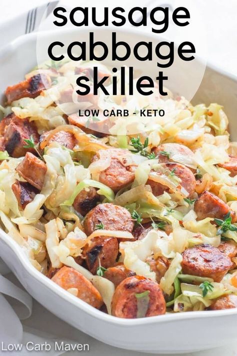 Easy Sausage and Cabbage Skillet Dinner is a fast and delicious meal. #sausage #cabbage #lowcarb #keto #skillet #dinner #easy #skilletdinner #ketodinner #lowcarbdinner Sausage Cabbage Skillet, Skillet Cabbage, Sausage And Cabbage Skillet, Keto Cabbage Recipe, Cabbage Sausage, Sausage And Cabbage, Sausage Cabbage, Cabbage Skillet, Low Carb Maven