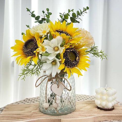 Amazon.com: Fake Flowers in Vase,Artificial Sunflower Bouquets in Vase with a Flower Arrangement Holder,Table Centerpieces for Dining Room,Flower Centerpieces for Tables,Faux Flowers in Vase,Coffee Table Decor : Home & Kitchen Sunflower Silk Flower Arrangements, Fall Sunflower Centerpieces For Table, Thank You Table Decorations, Small Sunflower Arrangements, Elegant Sunflower Centerpieces, Honey Bee Centerpieces Table Decorations, Rustic Wedding Decor Sunflowers, Small Fall Table Decor, Fall Sunflower Wedding Centerpieces