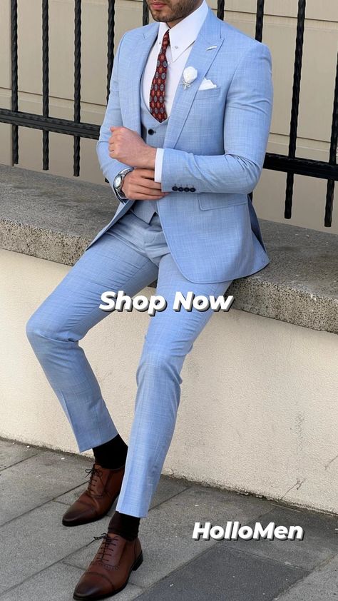 A blue suit in display. It is available to order at Hollomen.com Powder Blue Suit Men, Full Suits For Men, Blue Suits For Men, Blue Slim Fit Suit, Suit Clothes, Clothes Jacket, Blue Suit Men, Beige Suits, Pants Gift