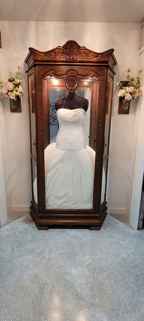 Wedding Dress Display in Antique China Cabinet Curio Cabinet In Bedroom Ideas, Preserved Wedding Dress Display, Wedding Dress Display At Home, Wedding Dress Display In Closet, Framed Wedding Dress Display, Wedding Dress Display Ideas, Wedding Dress Preservation Ideas, Dress Display Ideas, Wedding Dress Frame