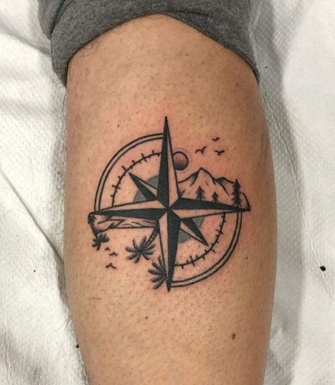 Leg Compass Tattoo, Mountain And Compass Tattoo, Men’s Compass Tattoo, Mountain Compass Tattoo, Carrie Tattoo, Compass Thigh Tattoo, North Star Tattoos, Nautical Compass Tattoo, Bird Silhouette Tattoos