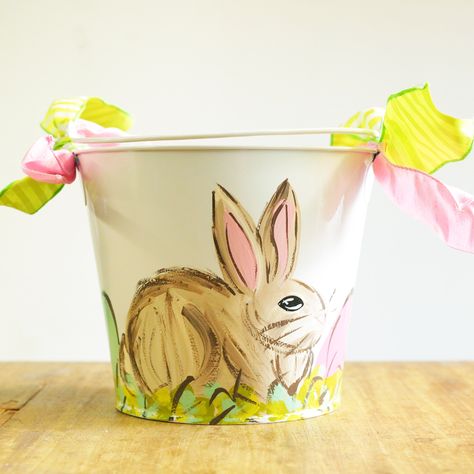 Making Fall Wreaths, Painted Easter Baskets, Painted Buckets, Easter Pail, Candy Buckets, Custom Easter Baskets, Metal Buckets, Easter Paintings, Bunny White