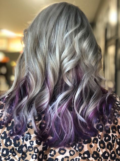 Grey Hair With Colored Tips, Gray Hair With Black Underneath, Salt And Pepper Hair With Purple, Gray Hair With Purple Highlights, Gray And Purple Hair, Purple And Grey Hair, Silver And Purple Hair, Grey Hair With Purple Highlights, Silver Lavender Hair