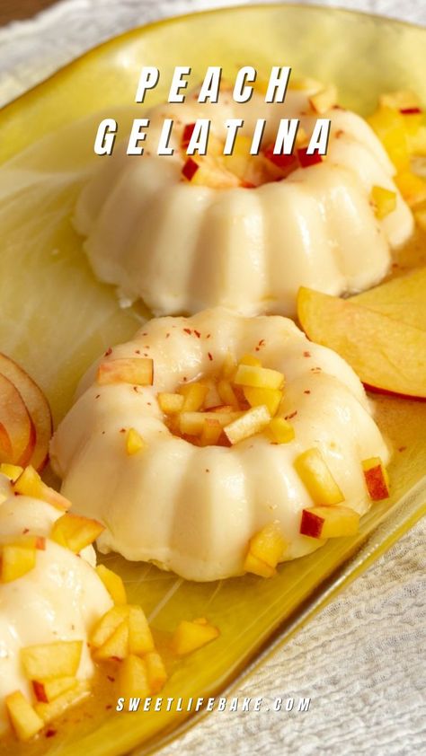 Peach Gelatina on a plate. Creamy Gelatin Desserts, Peach Gelatin Dessert, Peach Jello Dessert, Fresh Peach Sauce, Condensed Milk Desserts, Peach Jello, Sweetened Condensed Milk Recipes, Peach Sauce, Dessert Inspiration