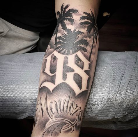 Chris Brown Leg Tattoos, Medium Tattoo For Men, Dmv Tattoo Ideas, 1988 Tattoo Ideas, Tattoo On Leg For Men, Florida Tattoo Ideas For Men, Florida Tattoo Ideas, La Tattoo Ideas, Numeros Tattoo