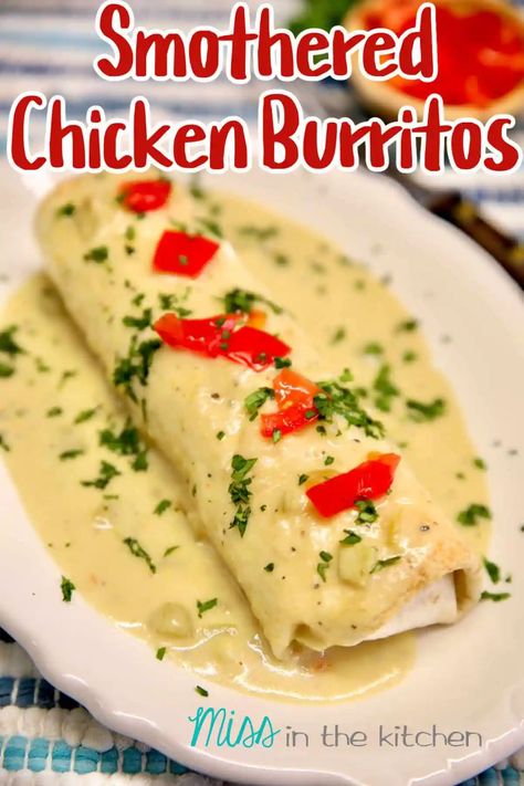 Smothered Chicken Burritos, Burrito Sauce, Smothered Burritos, Grilled Whole Chicken, Chicken Chimichanga, Chicken Black Beans, Frozen Burritos, Beans And Cheese, Green Chile Sauce