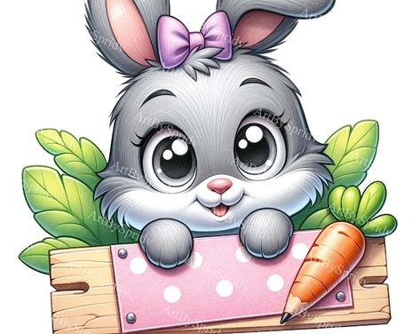 View Easter by ArtBySpridv on Etsy Easter Clipart Cute, Easter Drawing, Bunny With Bow, Easter Bunny Cartoon, Easter Bunny Clipart, Carrot Design, Easter Drawings, Bunny Clipart, Baby Animal Drawings