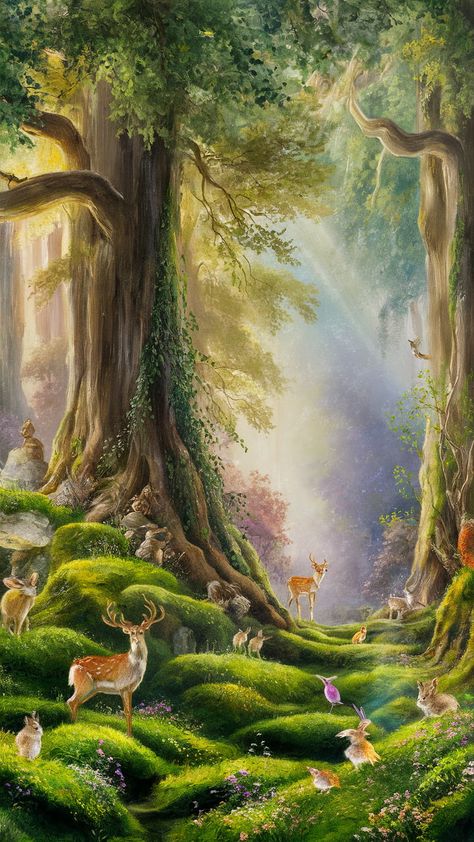 Immerse yourself in this enchanting woodland scene, where towering ancient trees and dappled sunlight create a tranquil escape. Experience the harmony of whimsical creatures in a lush forest, captured in soft brush strokes inspired by Impressionism. The vibrant hues and luminous mist evoke a peaceful atmosphere, reminiscent of Romantic landscapes. Discover nature's beauty and serenity today. #WoodlandArt #Impressionism #NatureLovers #SereneLandscapes Forest Sunlight Painting, Whimsical Forest Painting, Whimsical Forest Art, Whimsical Creatures, Dappled Sunlight, Forest Setting, Ancient Trees, Lush Forest, Redeeming Love