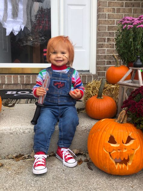 Chucky Halloween Costume Toddler, Halloween Costume One Year Old, One Year Old Halloween Costume, Baby Chucky Costume, Chuckie Costume, Toddler Chucky Costume, Chucky Halloween Costume, Family Themed Halloween Costumes