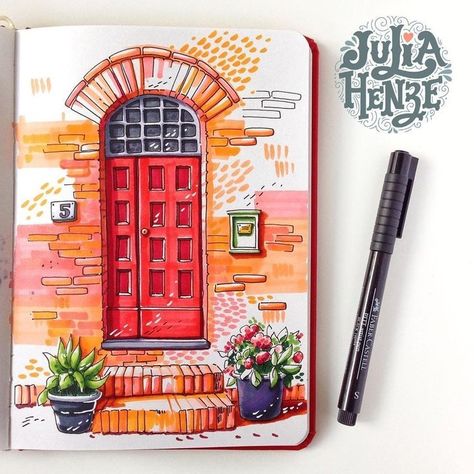 Corner Drawing Ideas, Sketch Markers Drawing, Julia Henze, Italy Door, Marker Drawing Ideas, Building Sketches, Door Drawing, Markers Drawing Ideas, Make A Door