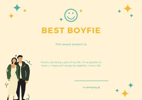 Best Boyfriend Certificate Template, Sertifikat Best Boyfriend, Best Boyfriend Award Certificate, Boyfriend Certificate, Best Boyfriend Award, Cute Certificate, Cute Notes For Him, Book Cover Art Diy, Best Friend Quiz