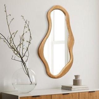 Natural Pine Wood Frame Oval Wall Mirror, Bathroom Wall Mirror - 39.4" H x 22" W x 1.38" D - Bed Bath & Beyond - 40011093 Wall Mirror Without Frame, Irregular Wall Mirror, Organic Mirror Shape, Japandi Mirror, Mirror Wall Decor Bathroom, Asymmetrical Bathroom, Aesthetic Hallway, Minimal Mirror, Scandinavian Mirror