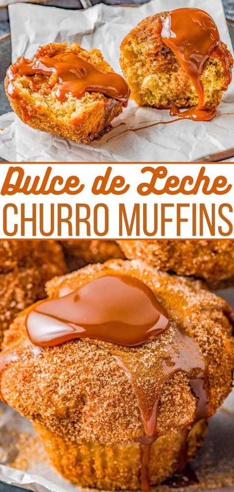 Dulce de Leche Churro Muffins - Averie Cooks Mothers Day Muffins, Mother’s Day Desserts, Churro Muffins, Mothers Day Baking, Muffin Ideas, Mini Pumpkin Muffins, Pastry Ideas, Mothers Day Desserts, Muffins Recipes