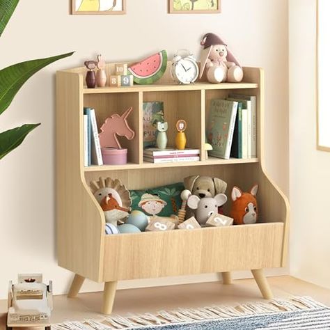 Book And Toy Storage, Bookshelf And Toy Storage, Kids Bookshelf, Montessori Playroom, Toddler Playroom, Bookcase Organization, Playroom Storage, Childrens Playroom, Furniture Bookshelves