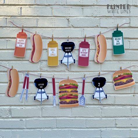 PRINTABLE PARTY SUPPLIES | BBQ Party | PAINTED WHITE LINES Bbq Party Ideas Decorations Free Printable, Barbecue Themed Party, Hot Dog Bar Sign, Backyard Bbq Birthday Party, Bbq Theme Party, Dog Party Invitations, Bbq Decorations, Hot Dog Party, Dog Party Decorations