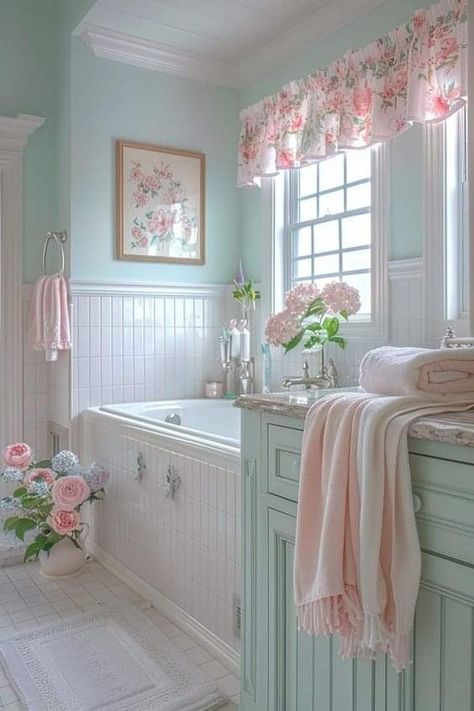 Soft Green Interior Design, Pink And Aqua Bathroom, Pastel Pink Bathroom Decor, Bloxburg Cute House Ideas, Pink And Green Shower Curtain, Pastel House Interior, Baby Pink Bathroom, Mint Green Bathroom Ideas, Mint Green Interior Design