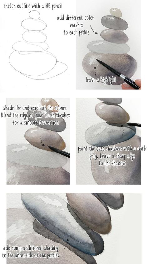 simple-watercolor-pebbles-painting How To Paint Rocks, How To Watercolor, Paint Rocks, Watercolor Tutorial, Watercolor Tips, Watercolor Paintings For Beginners, Watercolor Lessons, Watercolor Paintings Easy, Painting Rocks