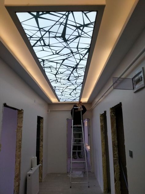 Celling decor ideas Skylight Ideas Ceilings Interior Design, Roof Lights Ideas Ceilings, Curtains Holder, Skylight Glass, Glass Roofing, Sealing Design, Roof Skylight, Skylight Design, Jaali Design