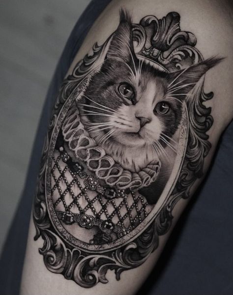 Tattoo Gato, Cat Portrait Tattoos, Italian Tattoos, Framed Tattoo, Cat Tattoos, Cat Tattoo Designs, Leg Sleeve Tattoo, Tattoo Portfolio, 3d Tattoo