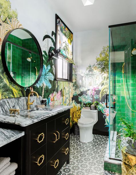 This Designer's Whimsical Bathroom Feels Like A Lush Oasis - House & Home Maximalist Bathroom Decor, Maximalist Bathroom, Whimsical Bathroom, Bold Bathroom, Maximalist Interior, Eclectic Bathroom, Printed Tile, Hall Bathroom, Marble Vanity Tops