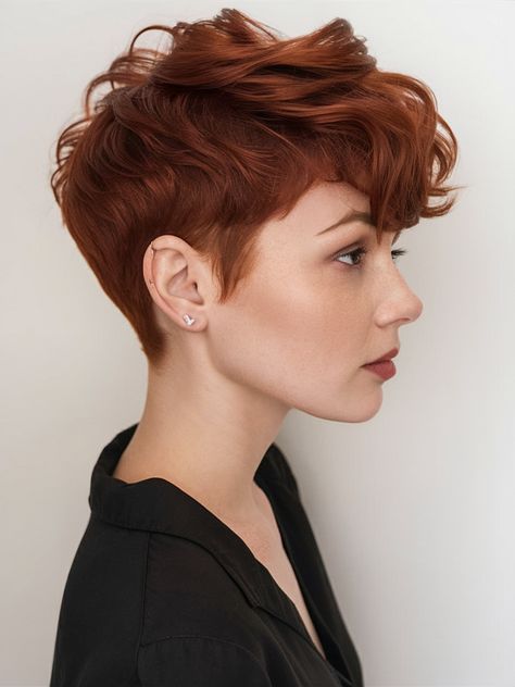 Short Copper Hair Pixie Hairstyles, Copper Pixie Cut, Messy Pixie Haircuts, Copper Pixie, Short Copper Hair, Copper Curls, Short Textured Haircuts, Pixie Bangs, Messy Pixie Haircut