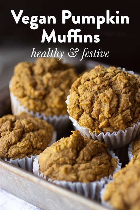 These healthy vegan pumpkin muffins are so easy to make and really tasty! Low in sugar and oil-free, they can are made with whole food ingredients. Easy gluten-free option! Perfect for a holiday dessert, breakfast or snack. #VeganPumpkinMuffins #HealthyVeganDessert #VeganThanksGivingIdea #HealthySnackForKids Vegan Holiday Desserts, Pumpkin Muffins Recipe, Vegan Pumpkin Muffins, Pumpkin Muffin Recipes, Dessert Breakfast, Healthy Vegan Desserts, Vegan Thanksgiving, Holiday Dessert, Food Ingredients