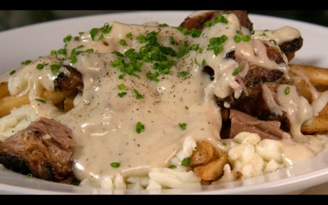 Poutine Impossible Recipes, Robert Irvine Recipes, Robert Irvine, Country Gravy, Brisket Recipe, Ancho Chili Powder, Recipes Restaurant, Burnt Ends, Ancho Chili