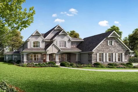 Luxury Craftsman Home Plan with Loads of Porch Space - 3917 Sq Ft - 73465HS | Architectural Designs - House Plans Screened Porch With Fireplace, Porch With Fireplace, Porch Fireplace, Garage Floor Plans, Houses Plans, Four Rooms, Country Craftsman, Craftsman Home, Coat Closet