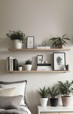 Floating Bookshelves Bedroom, Shelves With Books, Bookshelves Bedroom, Bedroom Bookshelves, Books And Plants, Living Room Cozy, Cool Projects, Floating Bookshelves, Room Cozy