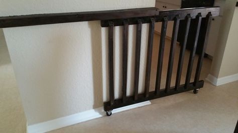 Baby gate between dining room and living room - maybe Andrew can help us make it? Doggie Gate Ideas, Sliding Gate Indoor, Diy Sliding Baby Gate, Sliding Gate For Stairs, Dog Gate Ideas Indoor, Sliding Dog Gate, Diy Sliding Gate Indoor, Sliding Baby Gate Diy, Sliding Dog Gates Indoor