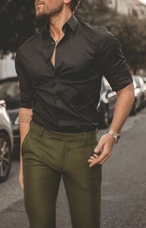 With olive trousers | #mensshirts #businesscasualoutfits #mensfashion #menswear Green Trousers Outfit Men, Black Shirt Combination, Green Trousers Outfit, Formal Shirt Design, Formal Dresses For Men, Mens Smart Casual Outfits, Mens Business Casual Outfits, Shirt Outfit Men, Formal Men Outfit