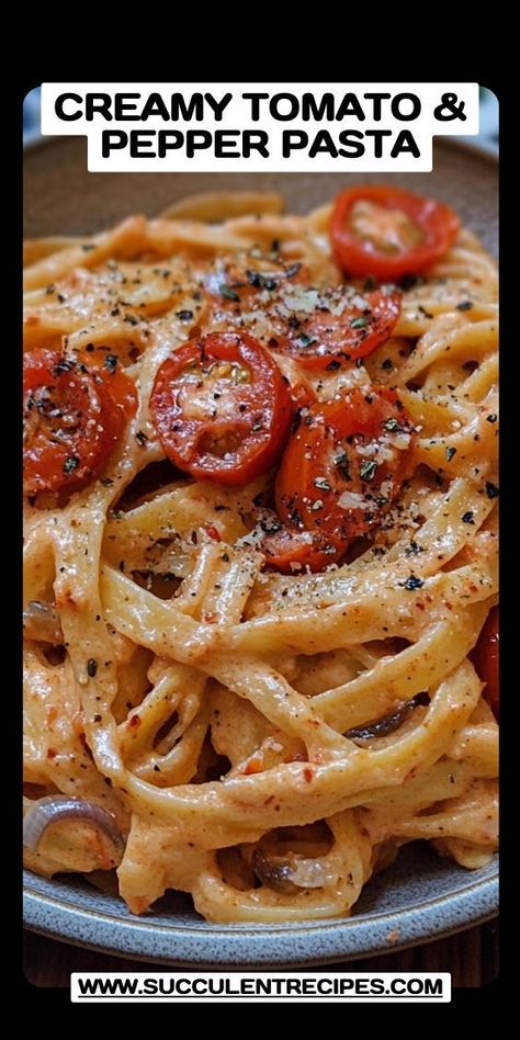 Warm up your Christmas feast with this creamy tomato and pepper pasta. The perfect balance of tangy tomato and sweet pepper creates a satisfying, delicious dish that everyone will love. Pasta With Red Pepper Sauce, Creamy Pepper Pasta, Creamy Tomato Spaghetti, Stuffed Pepper Pasta, Creamy Tomatoes Pasta, Baked Cherry Tomato Pasta, Tomato And Pepper Recipes, Creamy Roasted Red Pepper Pasta, Recipes With Canned Tomatoes