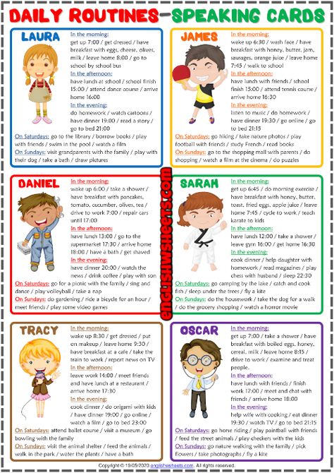 Daily Routines ESL Printable Speaking Activity Cards Improving English, Present Simple Tense, Speaking Activities Esl, Speaking Activities English, Apple Classroom, English Textbook, Speaking Activity, Esl Grammar, Esl Reading