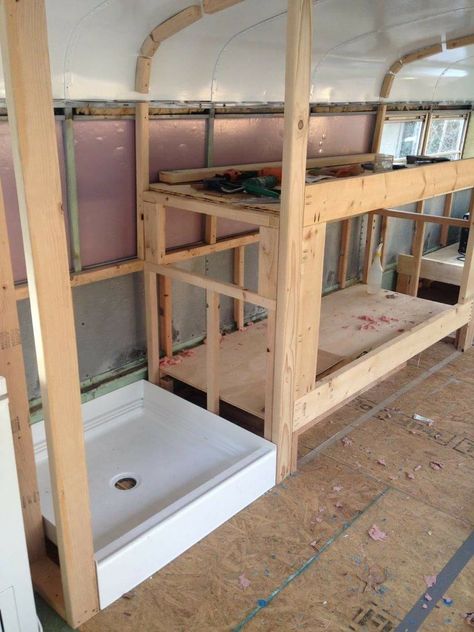 Framing the shower and bunk Bus Renovation, Bus Remodel, Bus Rv Conversion, Skoolie Ideas, Bus Conversion Ideas, House Bus, School Bus Tiny House, School Bus Camper, School Bus House