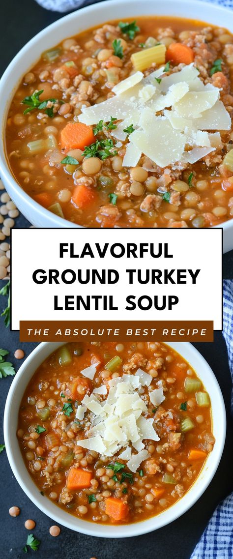 Image for Flavorful Ground Turkey Lentil Soup Turkey Lentil Soup Recipes, Healthy Soup Recipes Ground Turkey, Ground Turkey Lentil Recipes, Ground Turkey Soup Recipes Crock Pots, Italian Ground Turkey Soup, Vegetable Soup With Ground Turkey, Turkey Burger Soup Recipes, Ground Turkey Recipes Soup, Ground Turkey Lentil Soup