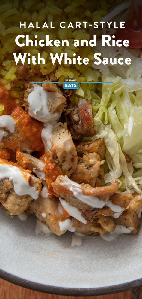 Manhattan is home to many smells, but perhaps the most delicious is the chicken-y, savory scent that emanates from from the city's countless halal carts. Try this home version by Kenji, a spot-on rendition of the street food classic. #HalalChicken #CartStyleChicken #StreetFood #NYC #NYCFood #SeriousEats Halal Chicken, White Sauce Recipes, Chicken And Rice, White Sauce, Serious Eats, The Sauce, The Chicken, Chicken Dishes, Main Course