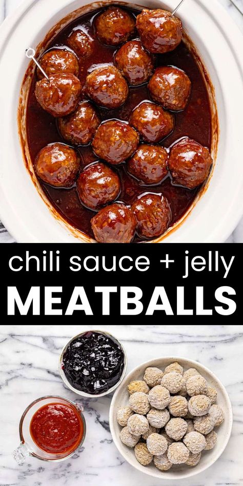 Sweet and tangy, these meatballs with grape jelly and chili sauce are the easiest appetizer ever! Three ingredients - including frozen meatballs! - simmer in a crock pot to create a flavor-packed, crowd-pleasing savory snack that’s simple, easy, and delicious! Swedish Meatball Recipe With Grape Jelly, Grape Jelly Cocktail Sauce Meatballs, Meatball Sauce With Grape Jelly, Chili Jelly Meatballs Crock Pot, Chilli Sauce And Grape Jelly Meatballs, Sweet And Tangy Meatballs, Meatball With Grape Jelly, Chili Grape Jelly Meatballs, Chili Sauce Grape Jelly Meatballs