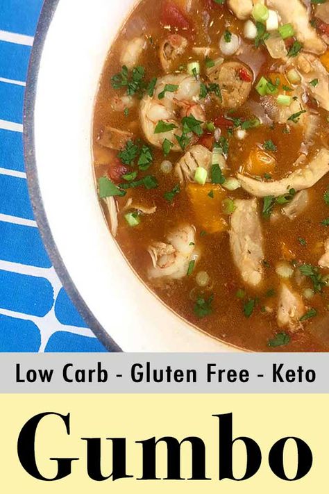 Shrimp And Sausage Gumbo Recipe, Healthy Gumbo, Keto Gumbo, Soups With Chicken, Keto Soups And Stews, Keto Friendly Dinner Recipes, Diet Chicken Recipes, Sausage Gumbo Recipe, Shrimp And Sausage Gumbo