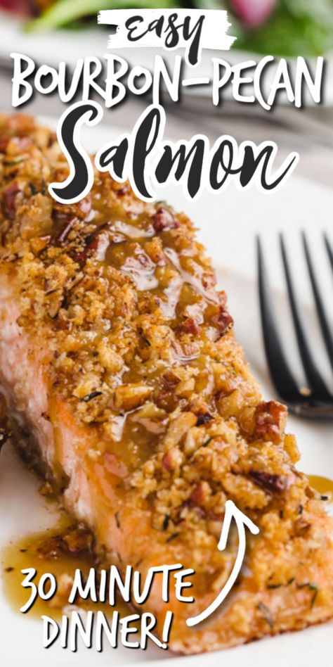 Louisiana Salmon Recipes, Bourbon Pecan Salmon, Pescatarian Dinner Party, Pecan Crusted Salmon Recipes, Pecan Crusted Snapper, Maple Pecan Salmon Recipes, Maple Pecan Crusted Salmon, Pecan Salmon Recipes, Salmon Maple Glaze