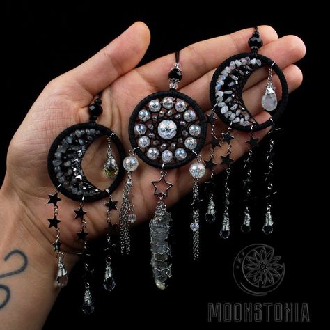 Mini black shiny Dream catcher Mooncatcher crystals rear view mirror charm car decor hanging Swarovski Suncatcher accessory celestial amulet Dream Catcher Diy, Rear View Mirror Charm, Decor Hanging, Car Mirror, Diy Arts And Crafts, Diy Pendant, Rear View Mirror, Car Decor, Rear View