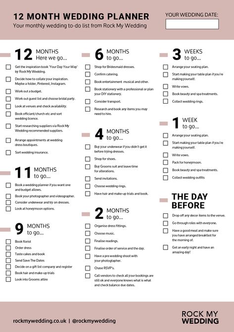 12 Month Wedding Checklist For Planning Your Wedding Day Wedding Planning Schedule Timeline, Bridal List Wedding Planning, Wedding List Checklist Planners, Budget Wedding Ideas Uk, Engagement List To Do, Wedding Planner Book Ideas, Wedding Day Planner, Wedding List Planning, Wedding Timeline 12 Month