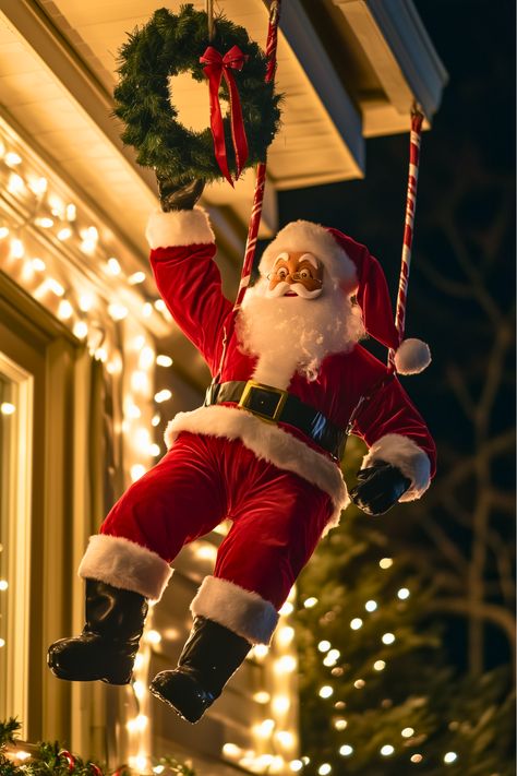 Have you ever thought about hanging Santa Claus instead of placing him on the porch? I once saw a Santa climbing a lighted ladder, and it instantly became my favorite outdoor decoration. It’s playful, unique, and adds a magical touch to your Xmas decorations. This idea is fully customizable to fit your space. Let’s add some fun to your front yard this Christmas! Yard Decor Ideas, Christmas Yard Decor, Outdoor Christmas Diy, Outdoor Sitting Area, Christmas Yard Decorations, Christmas Yard, Christmas Projects, Christmas Is, Around The Corner