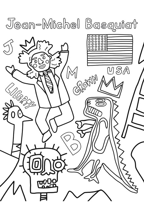 Jean-Michel Basquiat Coloring for young children. Basquiat Party, Basquiat Lessons For Kids, Basquiat Art Lesson, Basquiat Artist, Jean Michel Basquiat Art Lesson For Kids, Famous Art Coloring, Jean Michel Basquiat Portrait, Jean Michel Basquiat Self Portrait, Basquiat Art