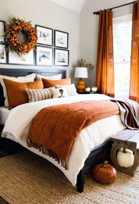 Discover 30 cozy fall bedroom decor ideas, including autumn-themed art and rugs, for a warm and inviting autumn sanctuary. Fall Room Design, Fall Room Inspiration, Halloween Bedroom Aesthetic, Fall Bedroom Aesthetic, Autumn Bedroom Decor, Bedroom Fall Decor, Autumn Bedroom, Fall Bedroom Ideas, Fall Room