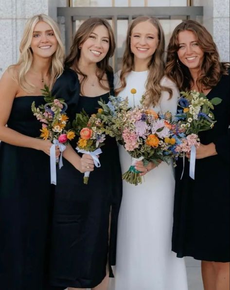 Black Bridesmaid Dress Wildflowers, Black Bridesmaid Dresses With Colorful Shoes, Black Bridesmaid Colorful Flowers, Black Bridesmaid Dresses With Wildflowers, Black Bridesmaids Dresses Summer, Spring Wedding Black Bridesmaid Dress, Black Bridesmaid Dress Colorful Flowers, Black Bridesmaid Dresses Flowers, Black Bridesmaid Dresses With Flowers