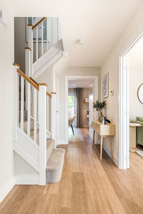 Open Plan Hallway Design Ideas Hallway Ideas Oak Floor, Oak Flooring Hallway, Wooden Floor Hallway Ideas, Wooden Hallway, Wooden Flooring Hallway, Hallway Wooden Floor, Hall Stairs And Landing Decor, Small Entrance Halls, Hallway Colour Schemes