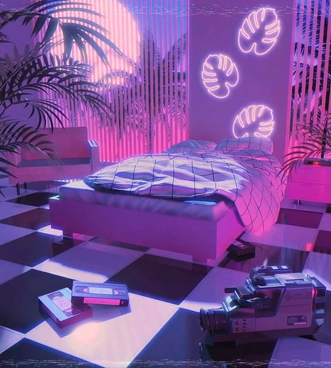 Vaporwave Bedroom, Cyberpunk House, Vaporwave Room, Retro Room Ideas, 80s Streetwear, 80s Room, Checkered Floor, Lofi Aesthetic, Sun Day