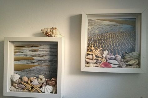 Deep Frame Box Ideas, Deep Frame Ideas, Beach Shadow Boxes, Seashell Art Diy, I Need Vitamin Sea, Box Frame Art, Seashell Wall Art, Ikea Ribba Frames, Sea Crafts